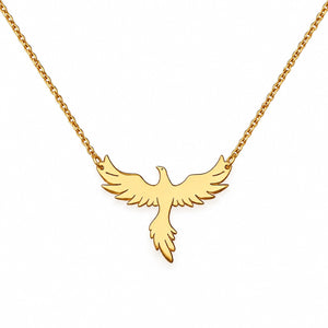 Gold-tone phoenix necklace on a plain white background; AI-generated brand photograph