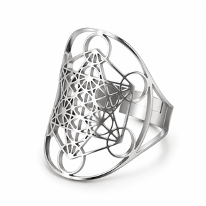 Silver-tone geometry ring on a solid white background; AI-generated brand photograph