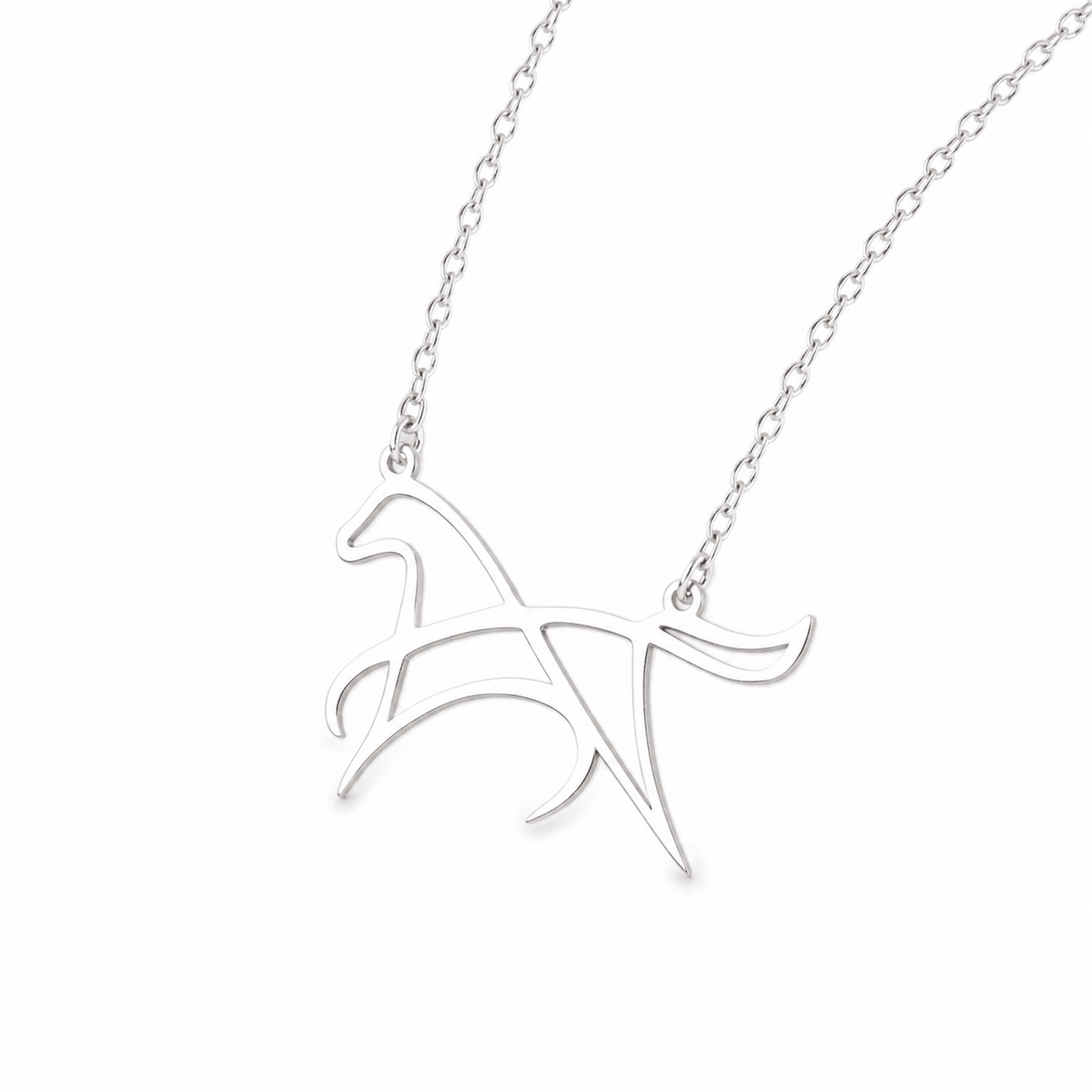 Silver-tone open-line horse pendant necklace on a white background