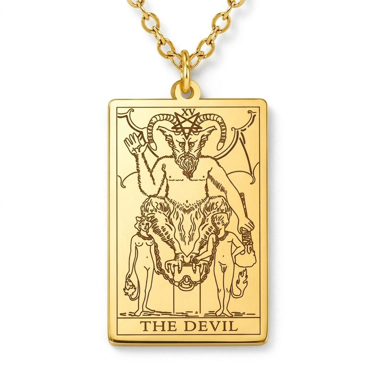 Close view of the gold The Devil engraved tarot-card pendant.