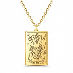 Gold The Devil tarot-card pendant necklace on a white background.