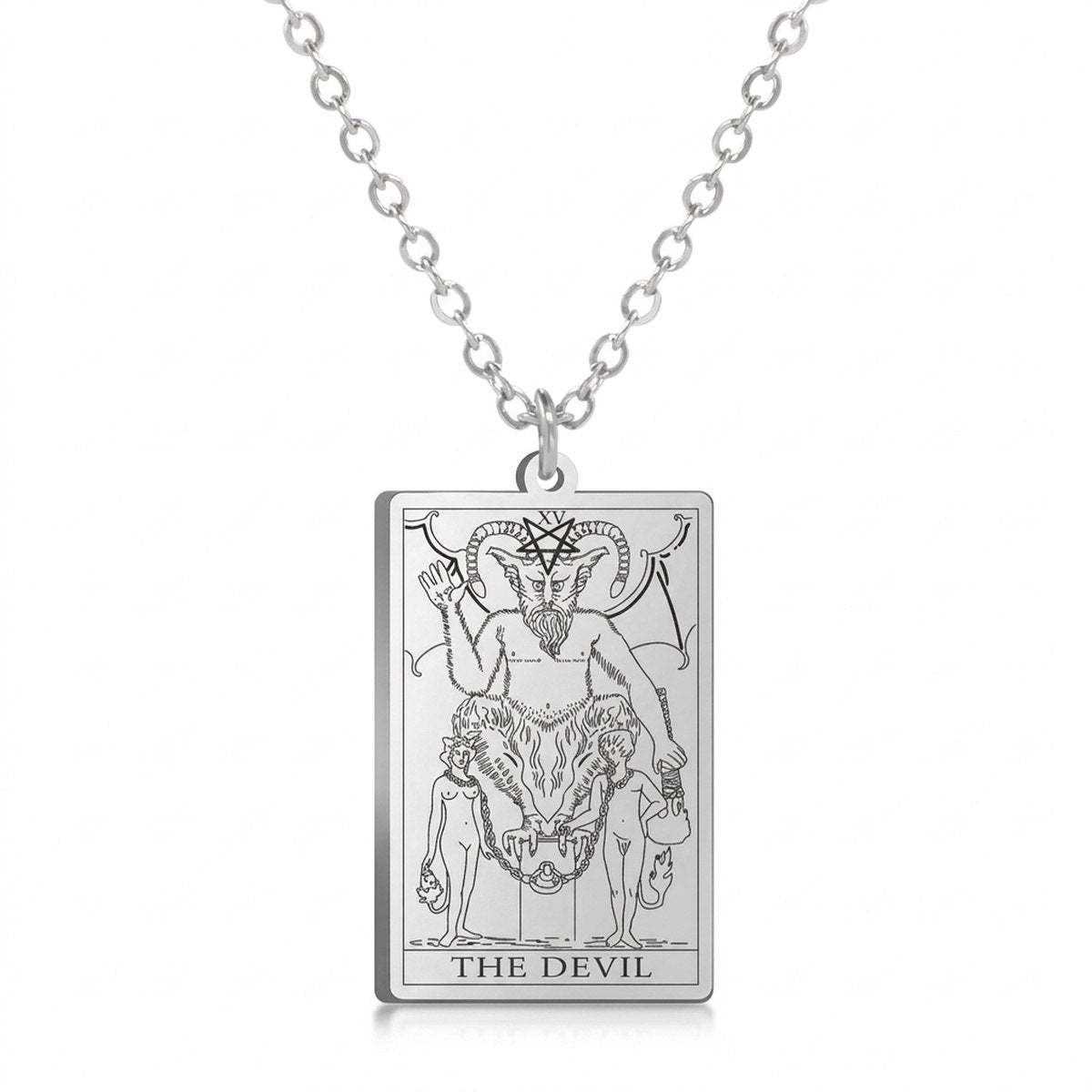 Silver The Devil tarot-card pendant necklace on a white background.