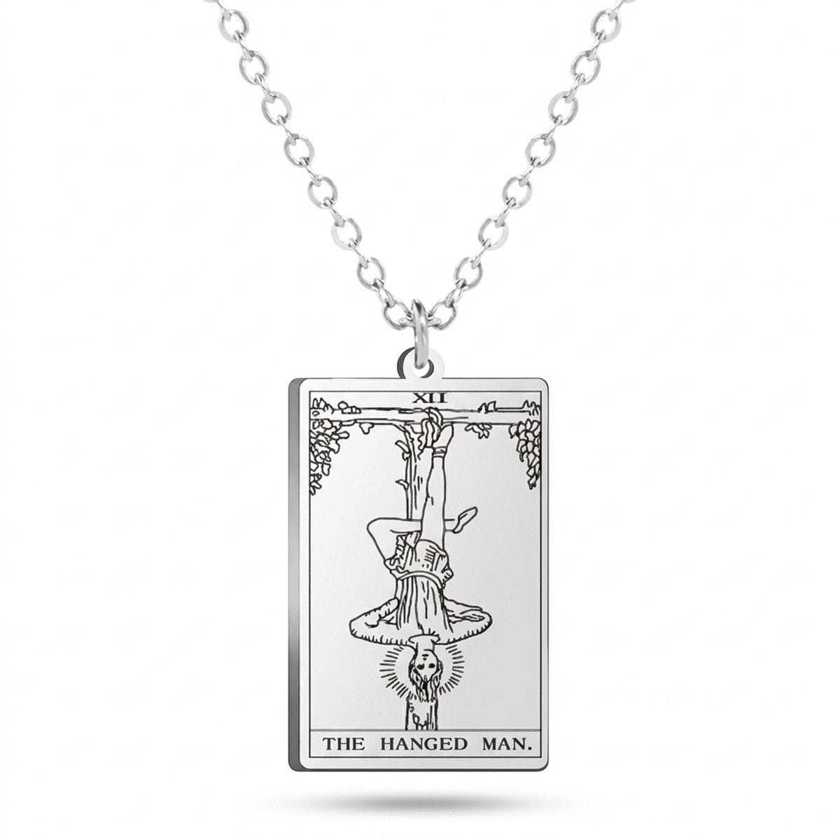 Silver The Hanged Man tarot-card pendant necklace on a white background.
