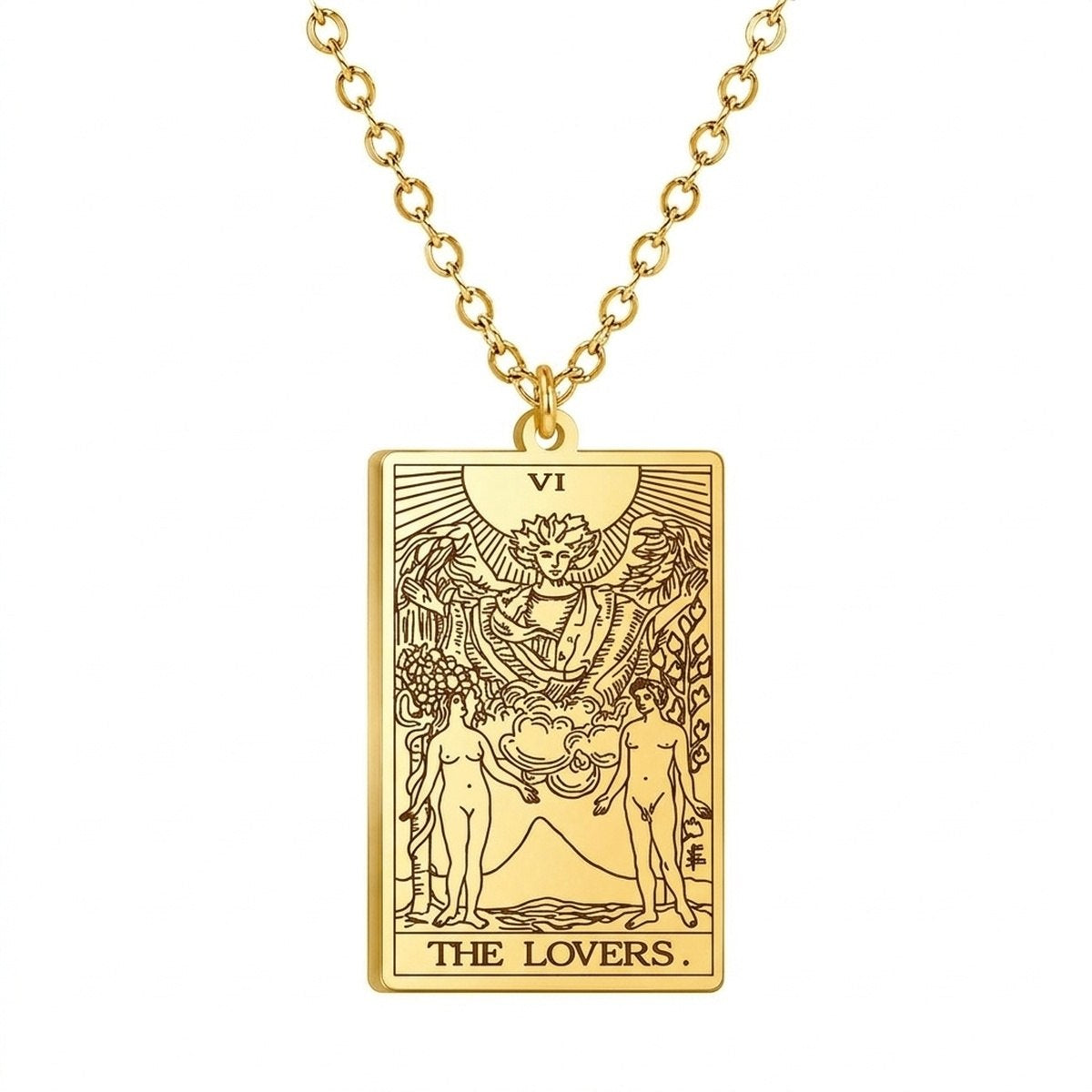 Close view of the gold The Lovers engraved tarot-card pendant.