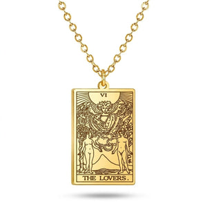 Gold The Lovers tarot-card pendant necklace on a white background.