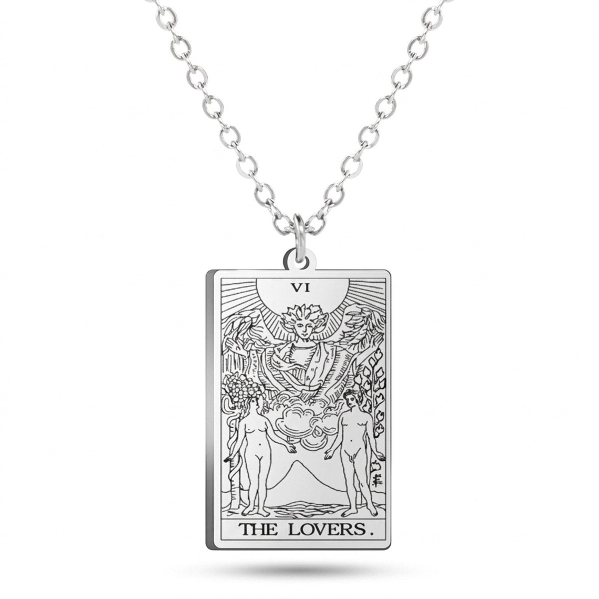 Silver The Lovers tarot-card pendant necklace on a white background.