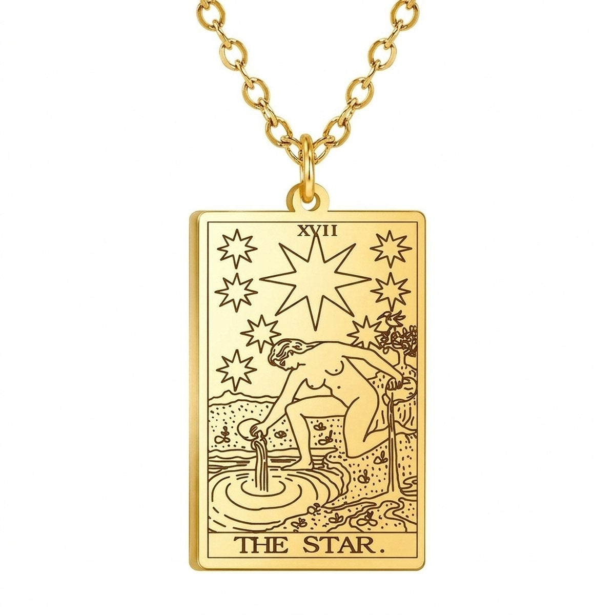 Close view of the gold The Star engraved tarot-card pendant.