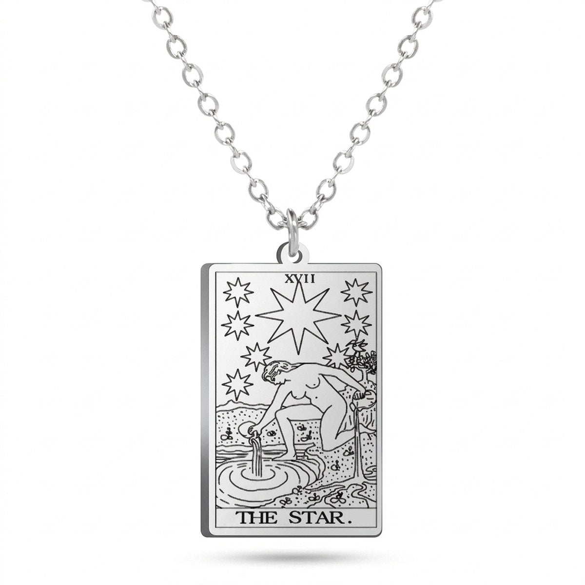 Silver The Star tarot-card pendant necklace on a white background.