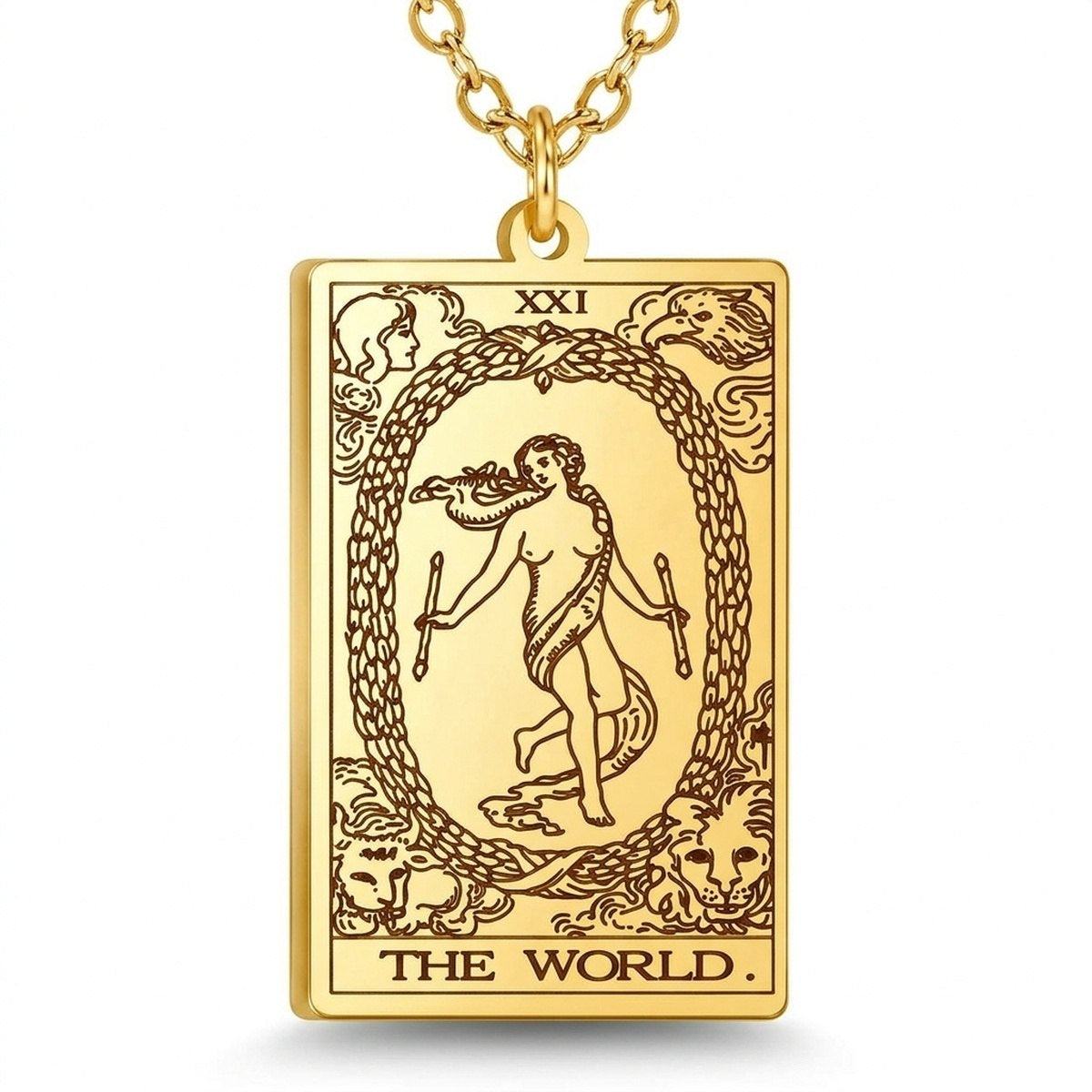 Close view of the gold The World engraved tarot-card pendant.