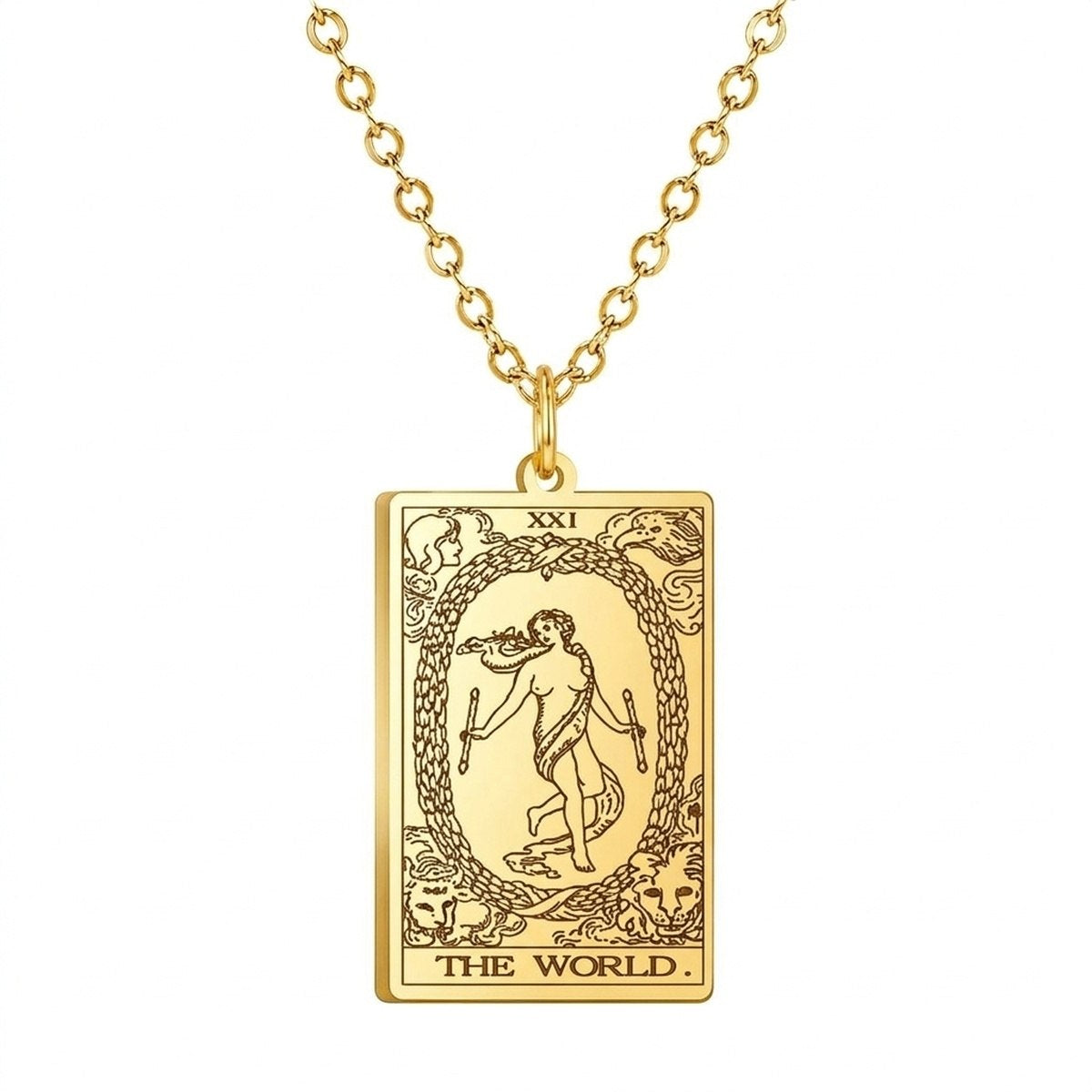 Gold The World tarot-card pendant necklace on a white background.