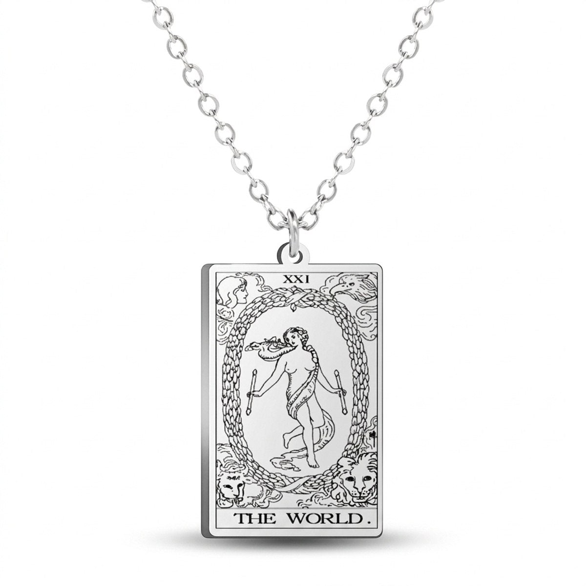 Silver The World tarot-card pendant necklace on a white background.
