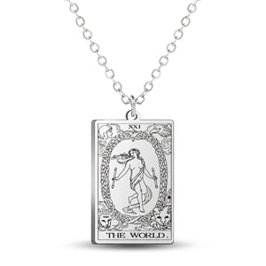 Silver The World tarot-card pendant necklace on a white background.