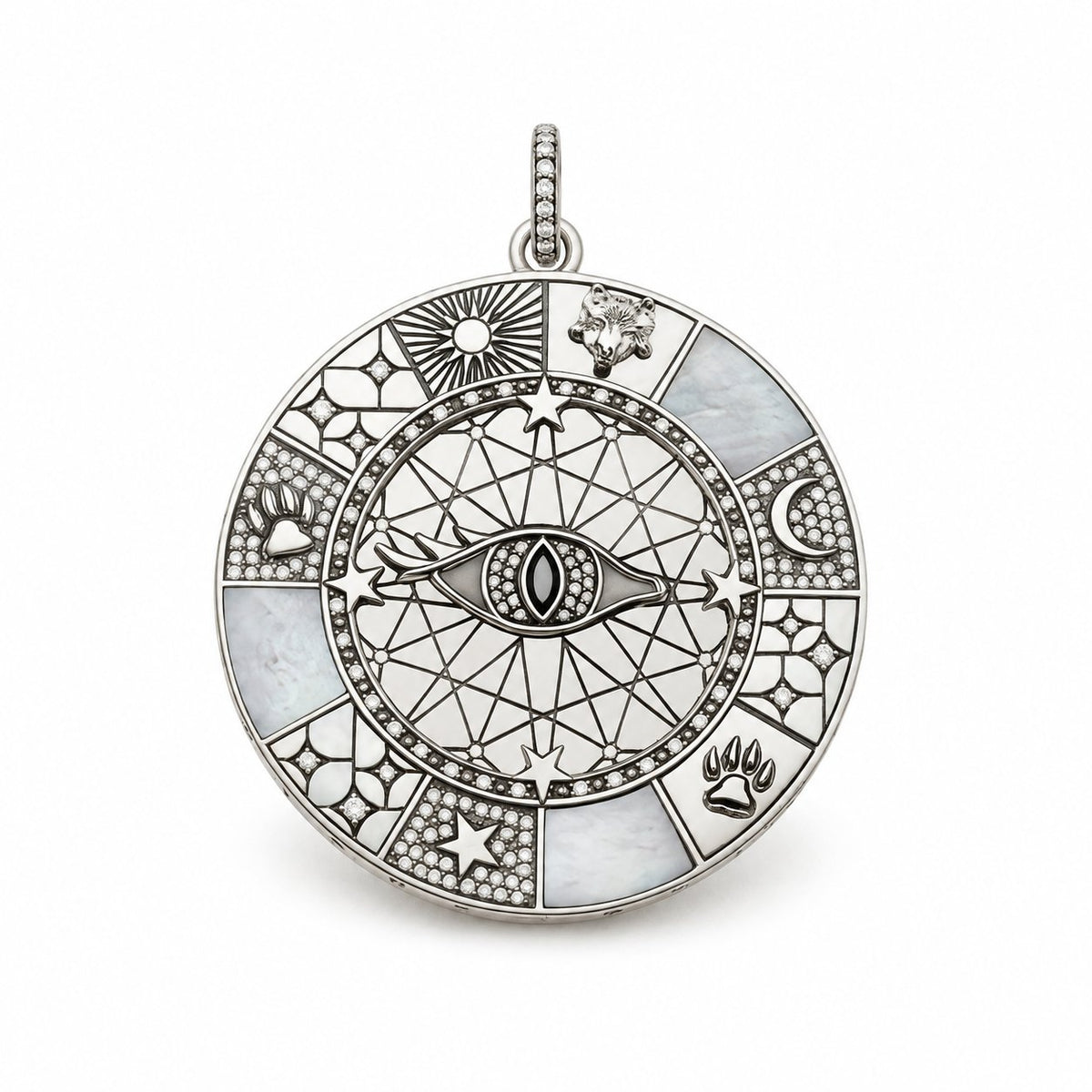 Eye Mandala pendant on a plain white background; AI-generated brand photograph