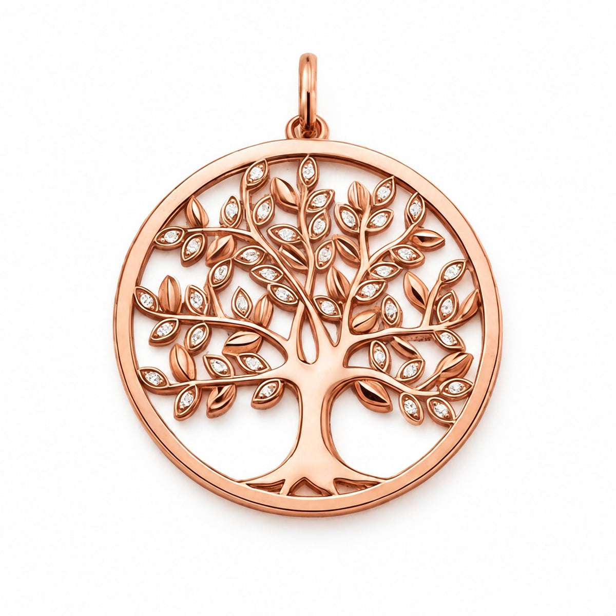 Rose Gold-tone openwork tree pendant on a plain white background; AI-generated brand photograph